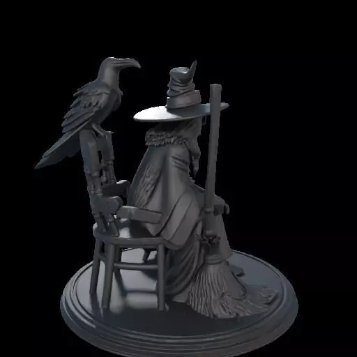 2132Ivory Witch on Chair with Broom Raven and Skull 3D print model_2