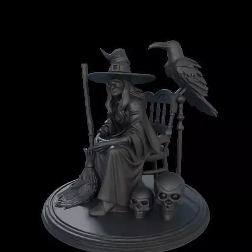2132Ivory Witch on Chair with Broom Raven and Skull 3D print model_21