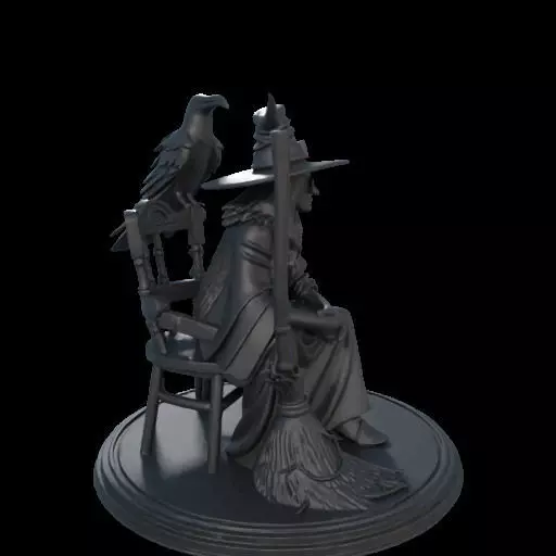 2132Ivory Witch on Chair with Broom Raven and Skull 3D print model_28