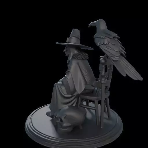 2132Ivory Witch on Chair with Broom Raven and Skull 3D print model_16