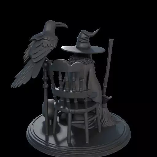 2132Ivory Witch on Chair with Broom Raven and Skull 3D print model_7
