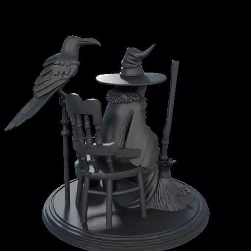 2132Ivory Witch on Chair with Broom Raven and Skull 3D print model_5