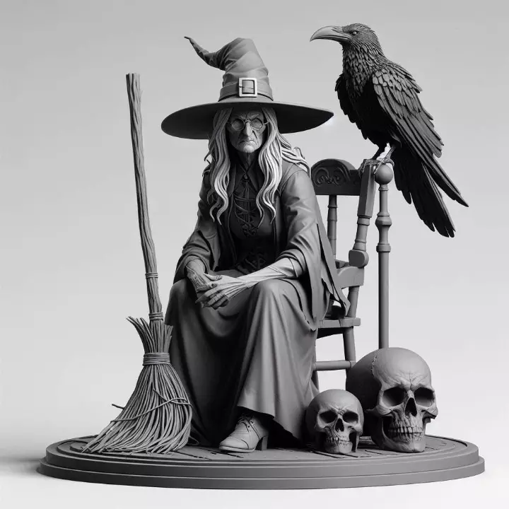 2132Ivory Witch on Chair with Broom Raven and Skull 3D print model_32