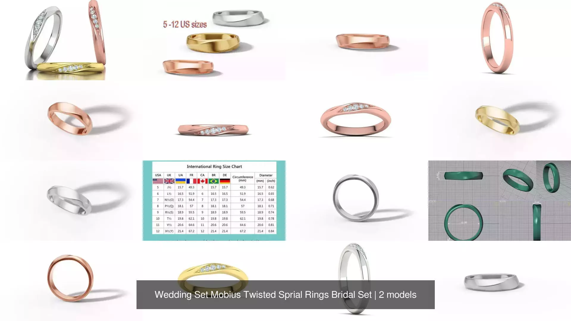 Wedding Set Mobius Twisted Sprial Rings Bridal Set 3D Model Collection_1