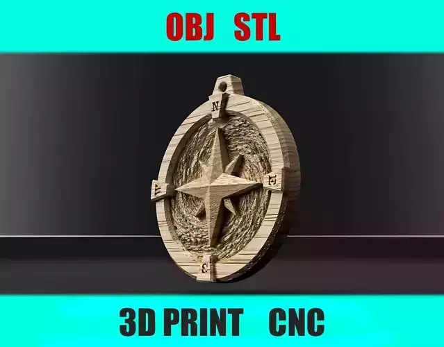 Compass Pendant with Relief Design  STL OBJ Files