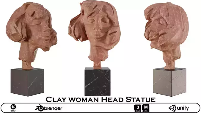 Clay Woman Head Statue - Artistic Bust with Marble Base  3D model