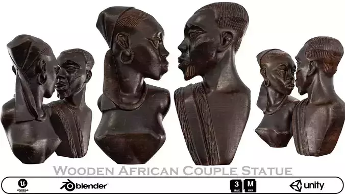 Wooden Tribal Couple Statue - African-Inspired Art 3D Model