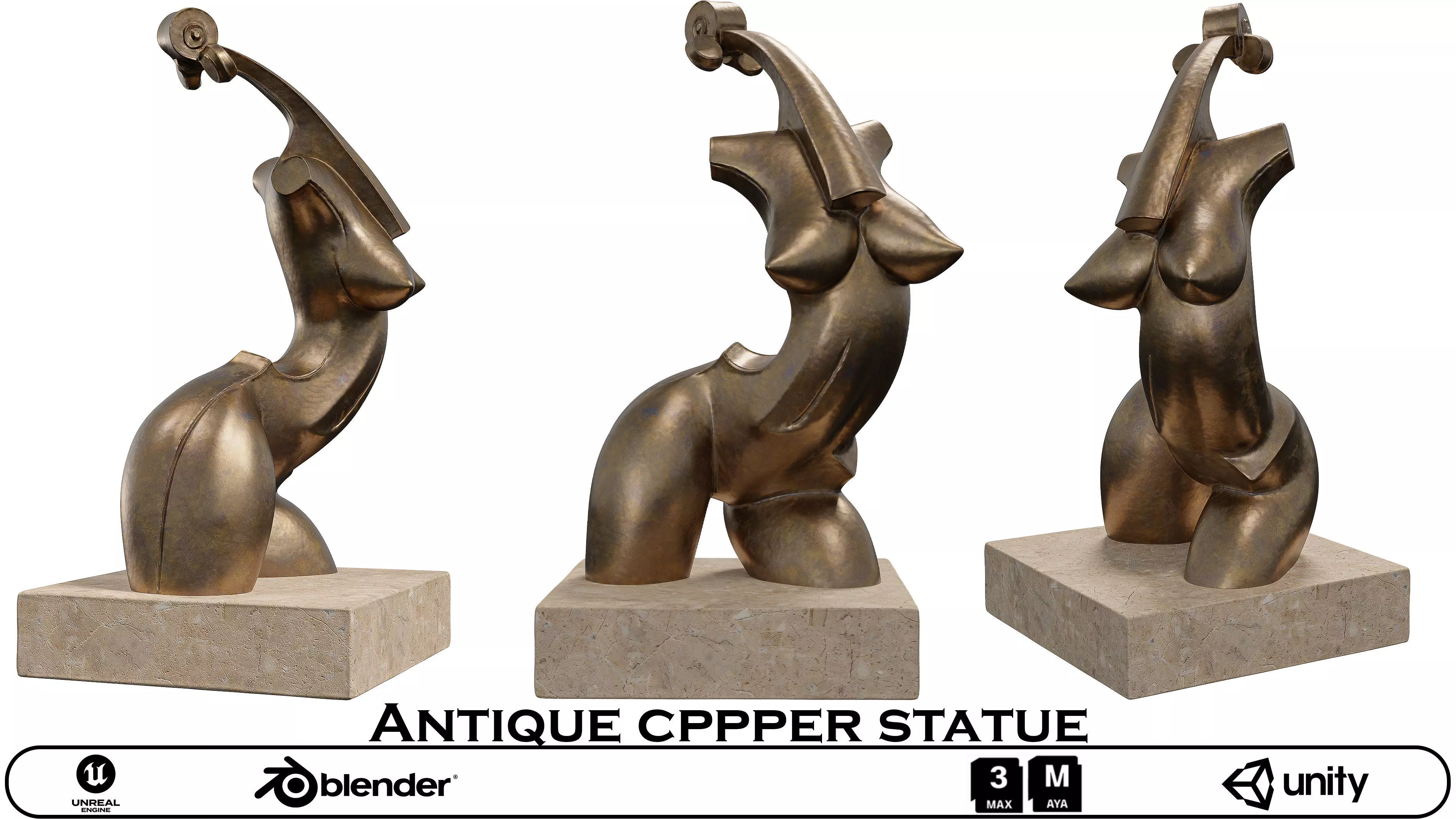 Antique Copper Woman Statue - Abstract Torso Sculpture 3D Model 3D model_0