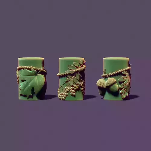 Set of three autumn candles with maple leaves acorns ashberry