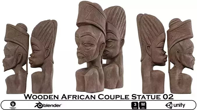 Wooden Tribal Couple Statue Set - African-Inspired Art 3D Model