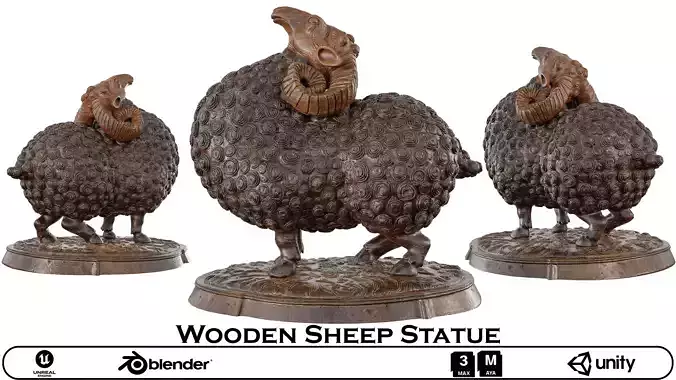 Wooden Sheep Statue - Rustic Animal Sculpture 3D Model