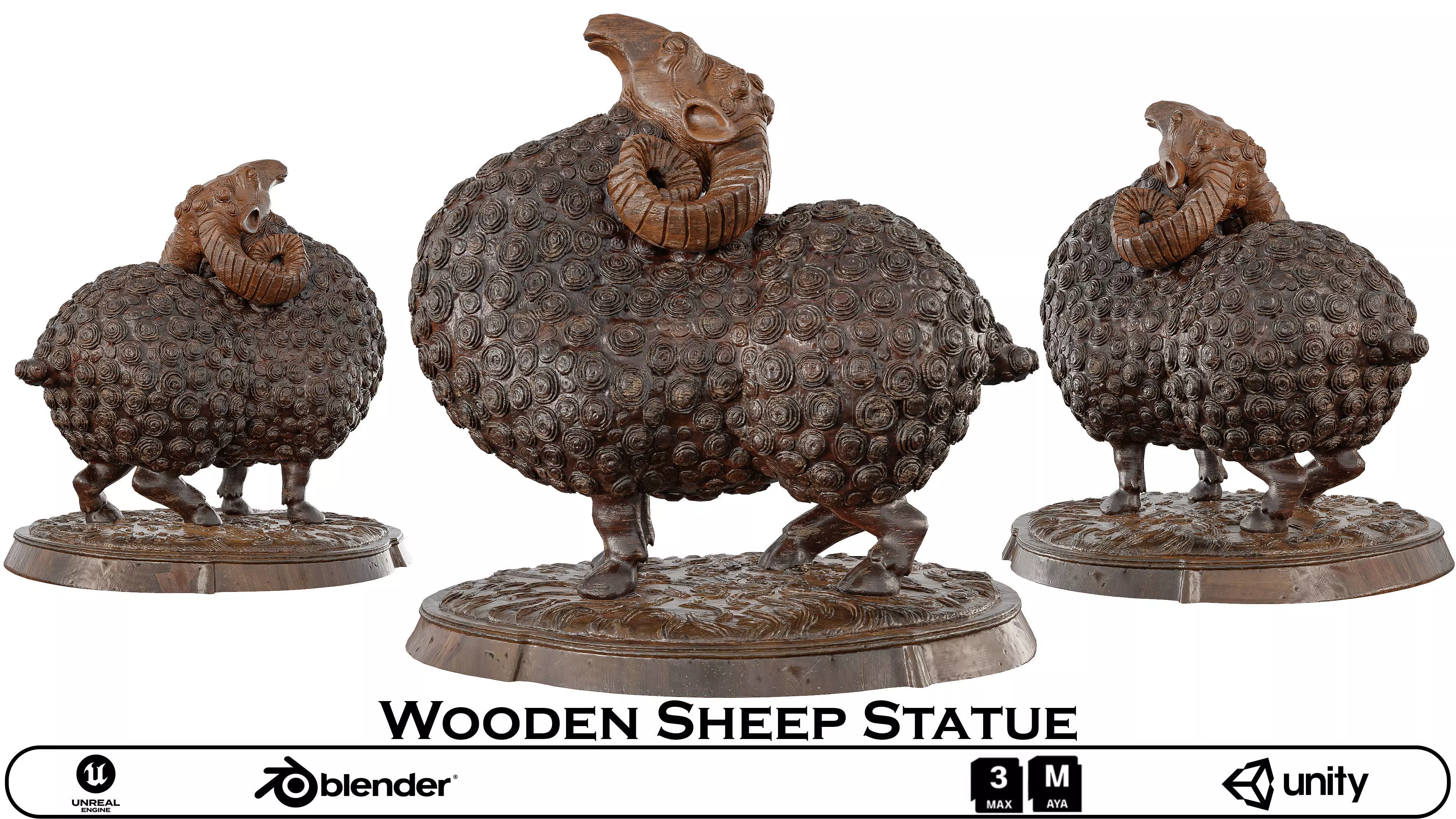 Wooden Sheep Statue - Rustic Animal Sculpture 3D Model 3D model_0
