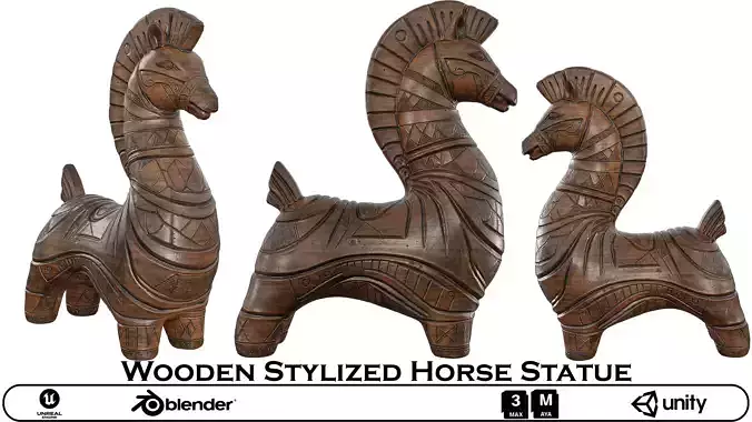 Wooden Stylized Horse Statue - Folkloric Carved Animal 3D Model