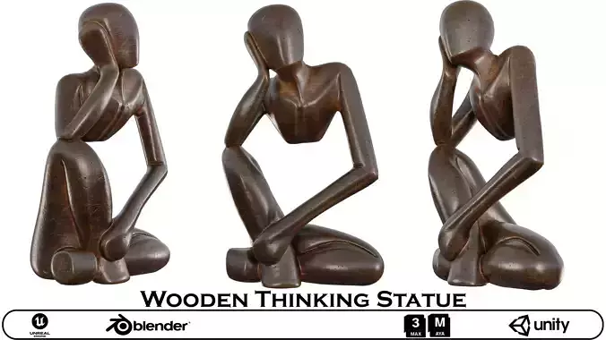 Wooden Thinking Statue - Abstract Contemplative Sculpture