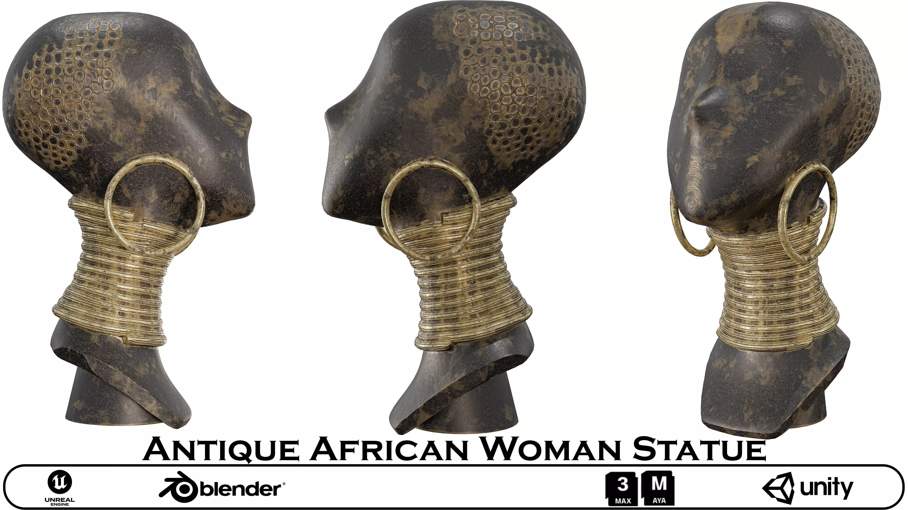 Antique African-Inspired Statue-Tribal Bust 3D Model 3D model_0