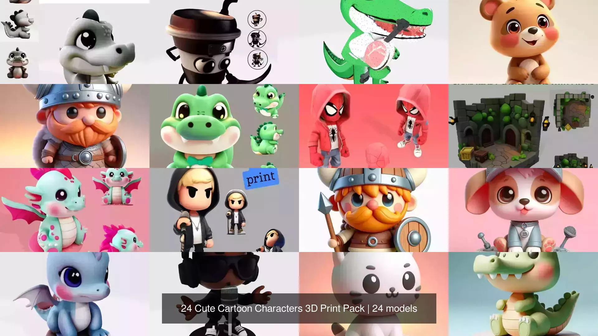 24 Cute Cartoon Characters 3D Print Pack 3D Model Collection_1