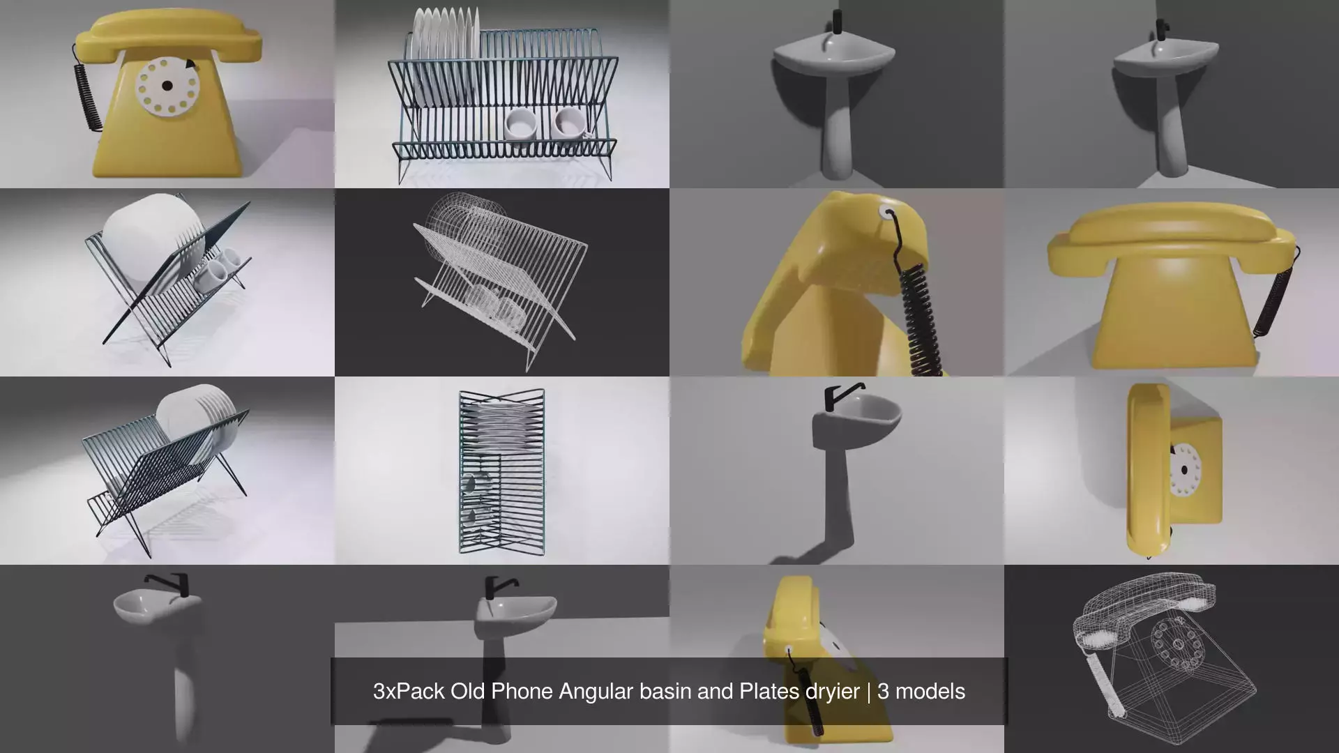 3xPack Old Phone Angular basin and Plates dryier 3D Model Collection_0