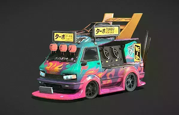 Stylized Turbo Drift Van Cyberpunk Vehicle Game Ready FBX