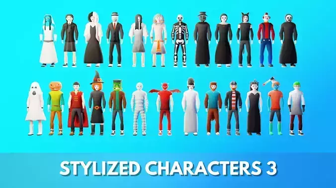 Stylized Cartoon Character Pack 3 Game Ready Rigged NPCs Low-poly 3D model