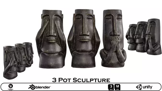 3 Pot Sculpture Set - Abstract Wise Man Figurines 3D Model