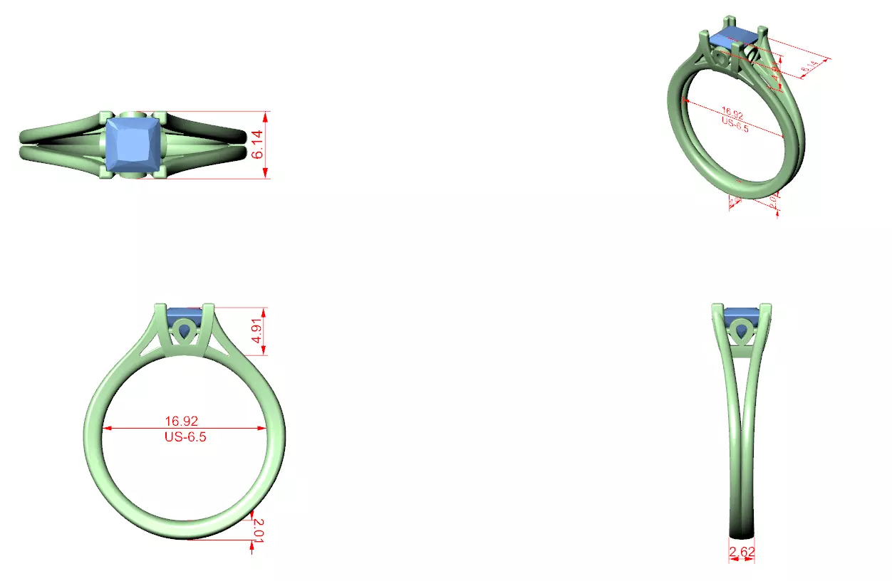 Solitaire Split Shank 5mm Princess Cut Ring 3DM STL Video 3D print model_12