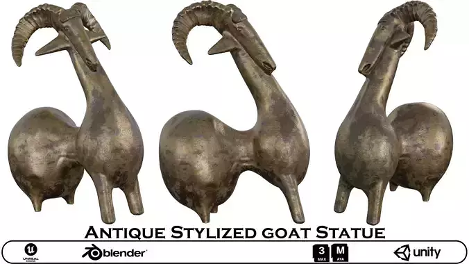 Antique Stylized Goat Statue - Bronze Animal Sculpture 3D Model