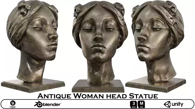 Antique Woman Head Statue - Serene Bronze Bust 3D Model