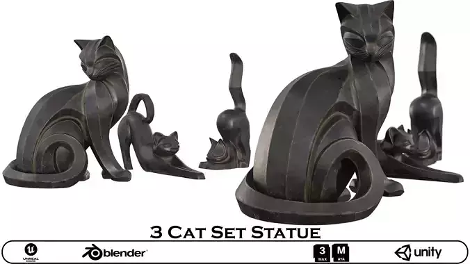 3 Cat Statue Set - Abstract Feline Sculptures 3D Model Pack