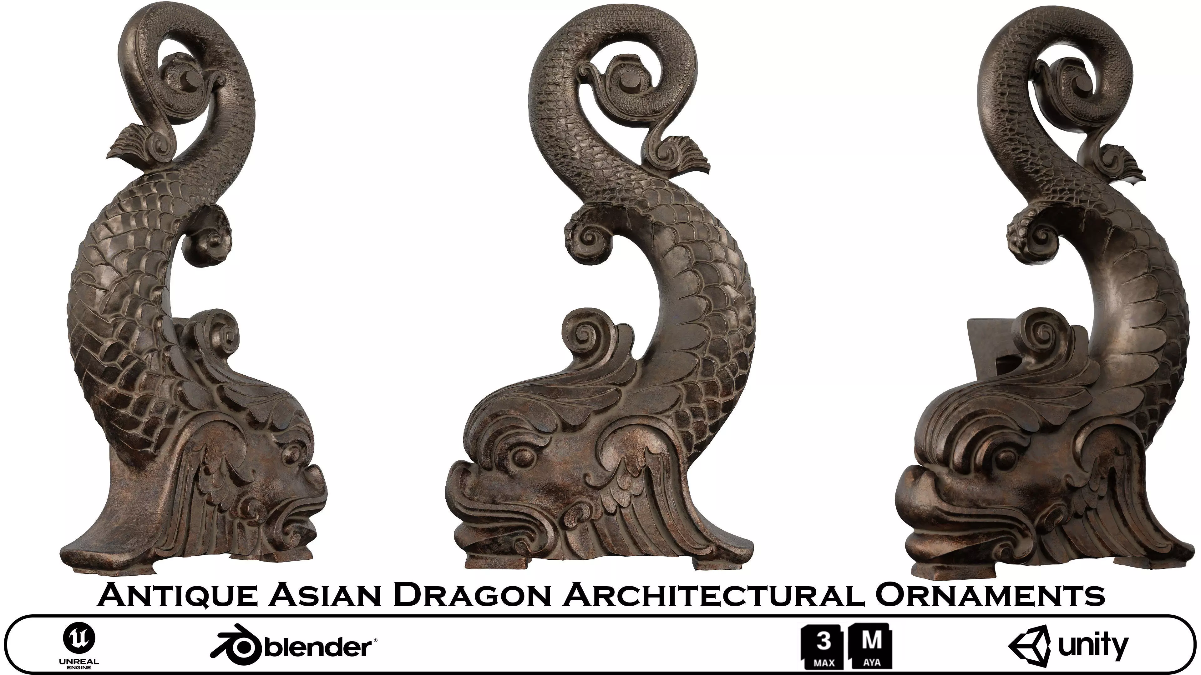 Antique Asian Dragon Ornament - Mythical Architectural Decor Low-poly 3D model_0