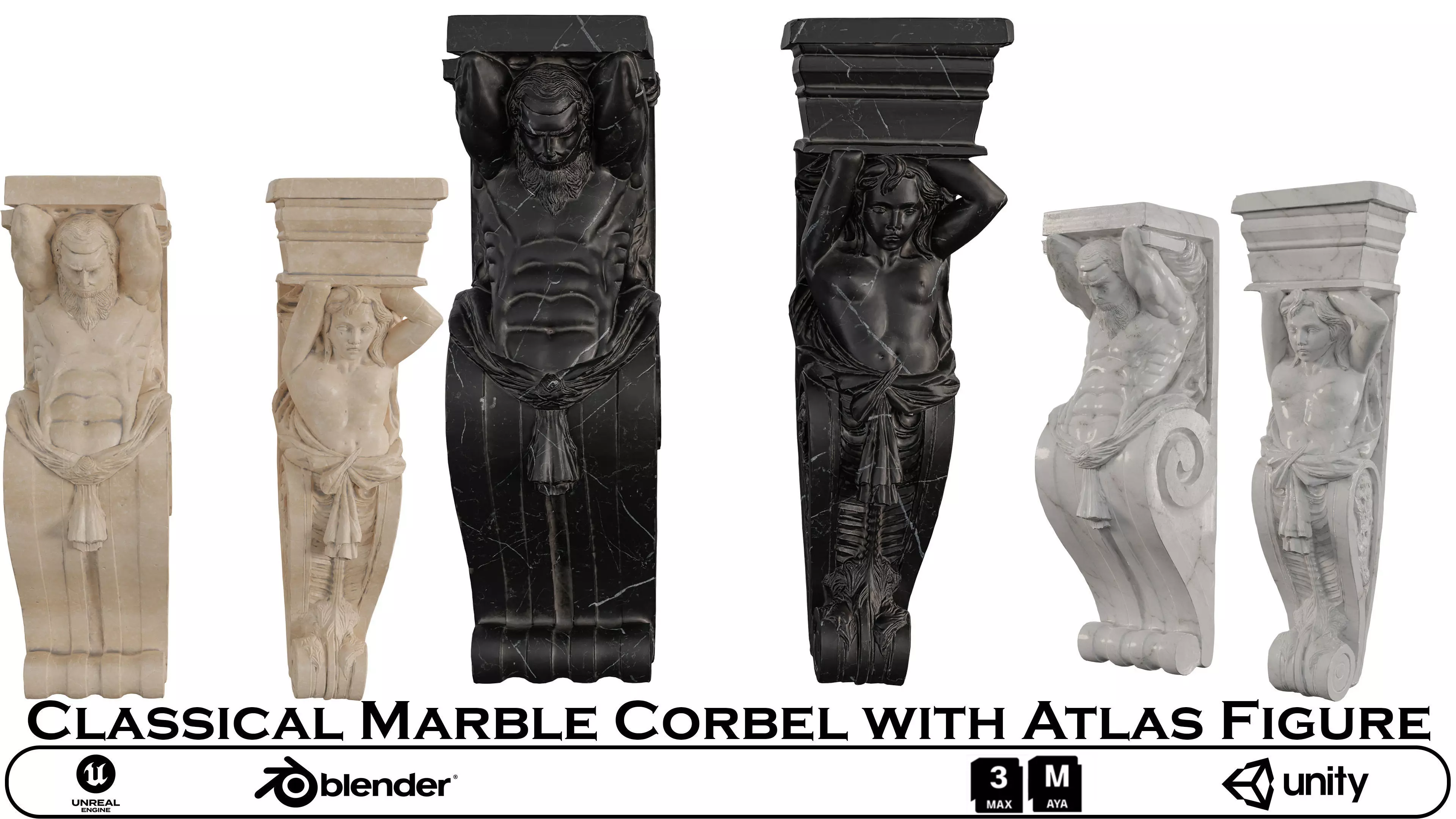 Classical Marble Corbel - Atlas Figure Architectural Set 3D model_0