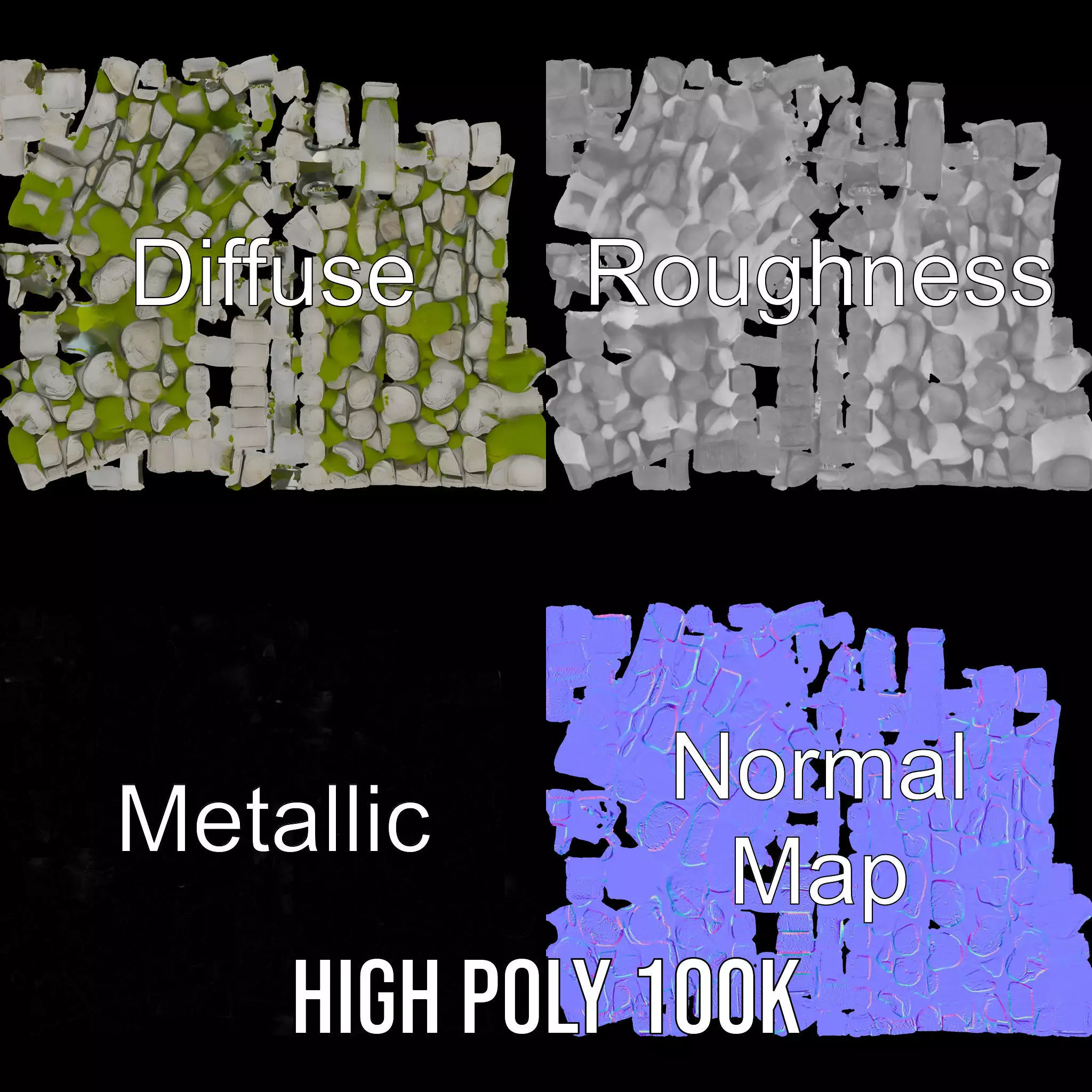 Mossy Stone Wall model pack Low-poly 3D model_4