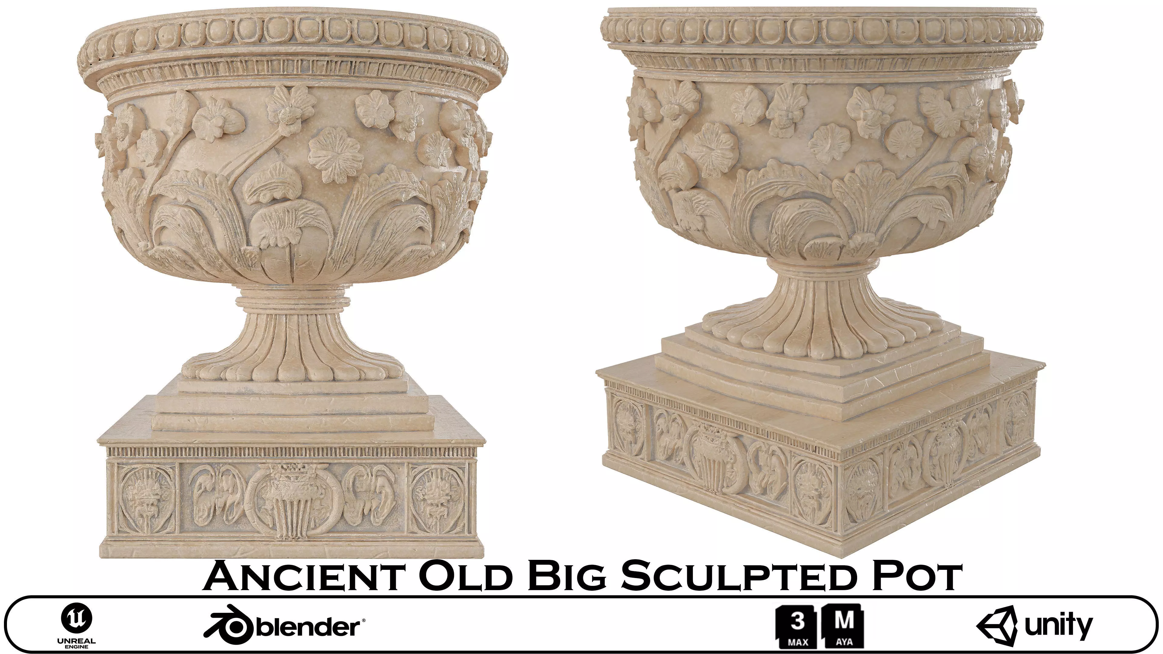 Ancient Sculpted Pot - Ornate Stone Garden Urn 3D model_0