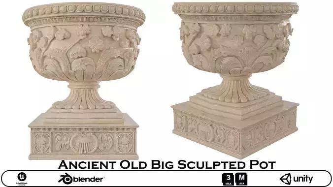 Ancient Sculpted Pot - Ornate Stone Garden Urn 3D model