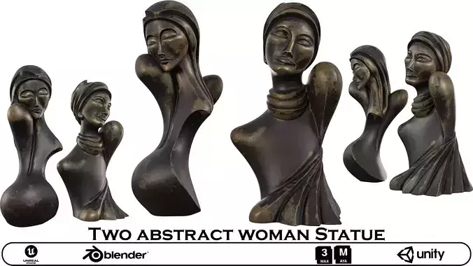 Two Abstract Woman Statues -Bronze Bust Set Pack