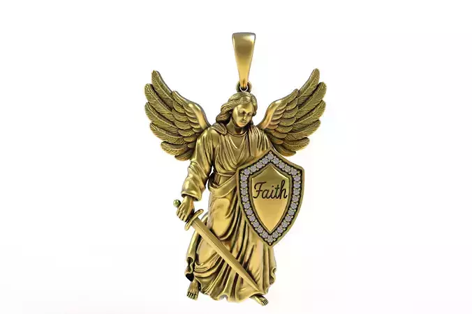 00027 Angel with Sword and Shield Diamond Pendant