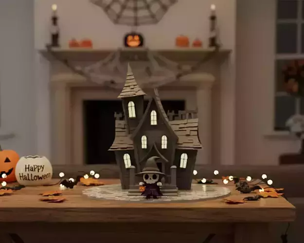 Halloween Spooky Skeleton with Haunted House Diorama