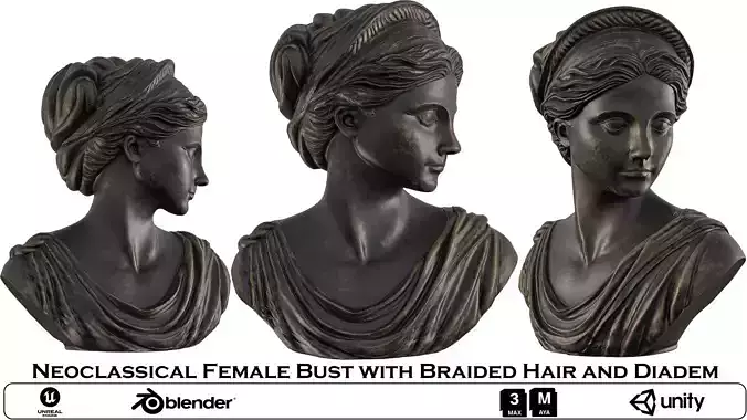Neoclassical Female Bust with Braided Hair and Diadem Low-poly 3D model Neoclassical Female Bust with Braided Hair and Diadem Low-poly 3D model