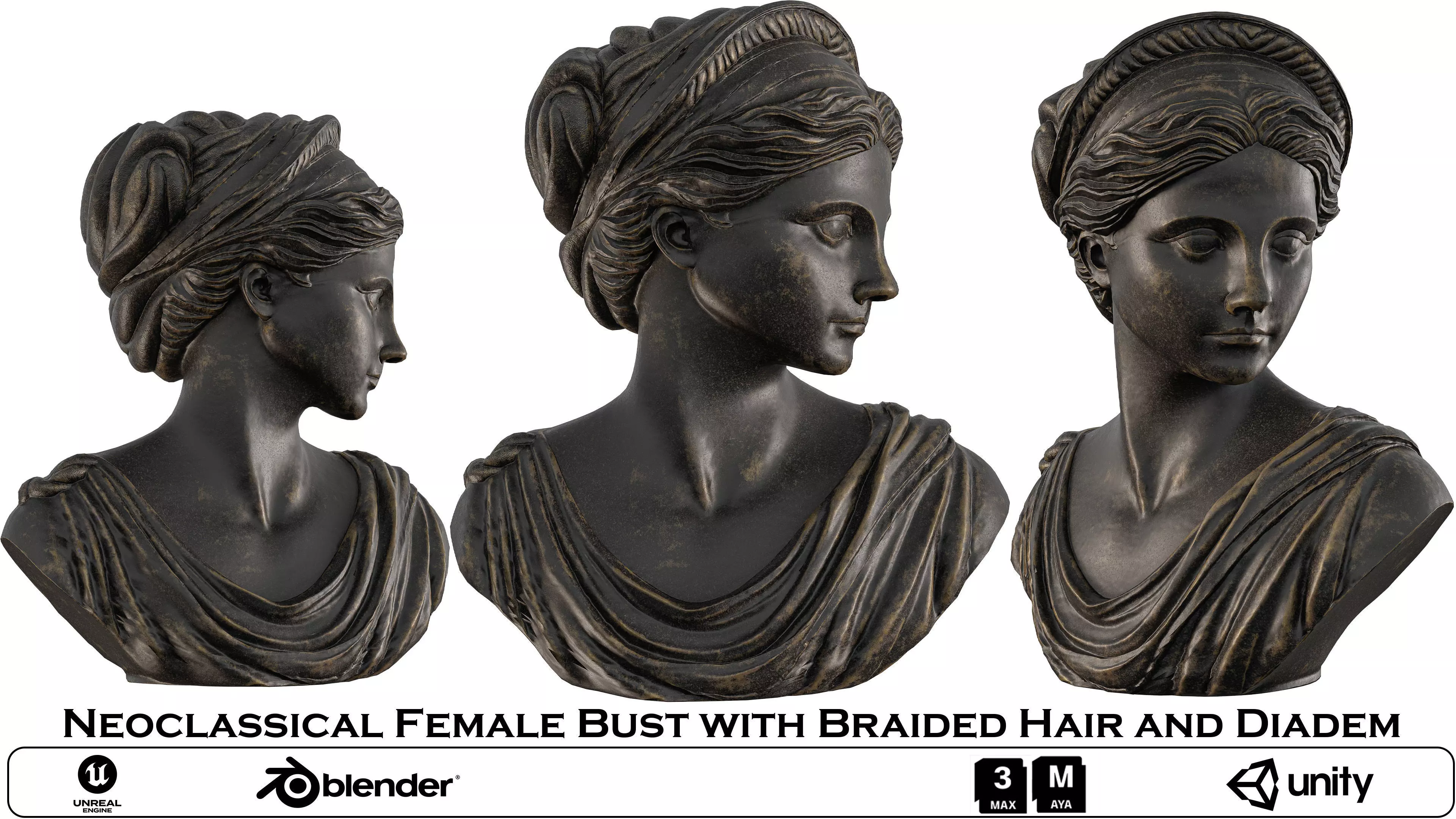 Neoclassical Female Bust with Braided Hair and Diadem Low-poly 3D model_0