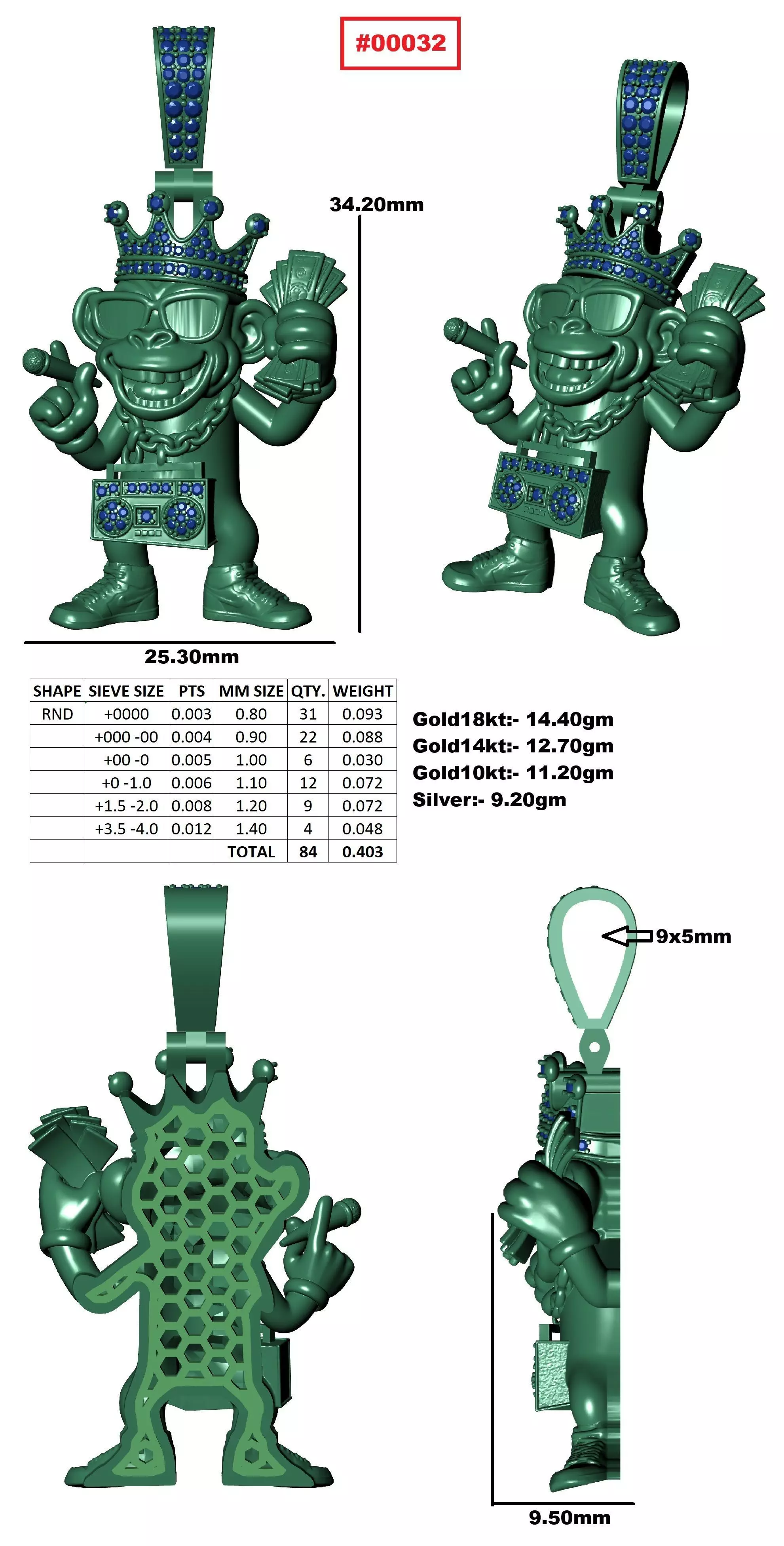 00032 Monkey with Radio Hip Hop Pendant 3D print model_3