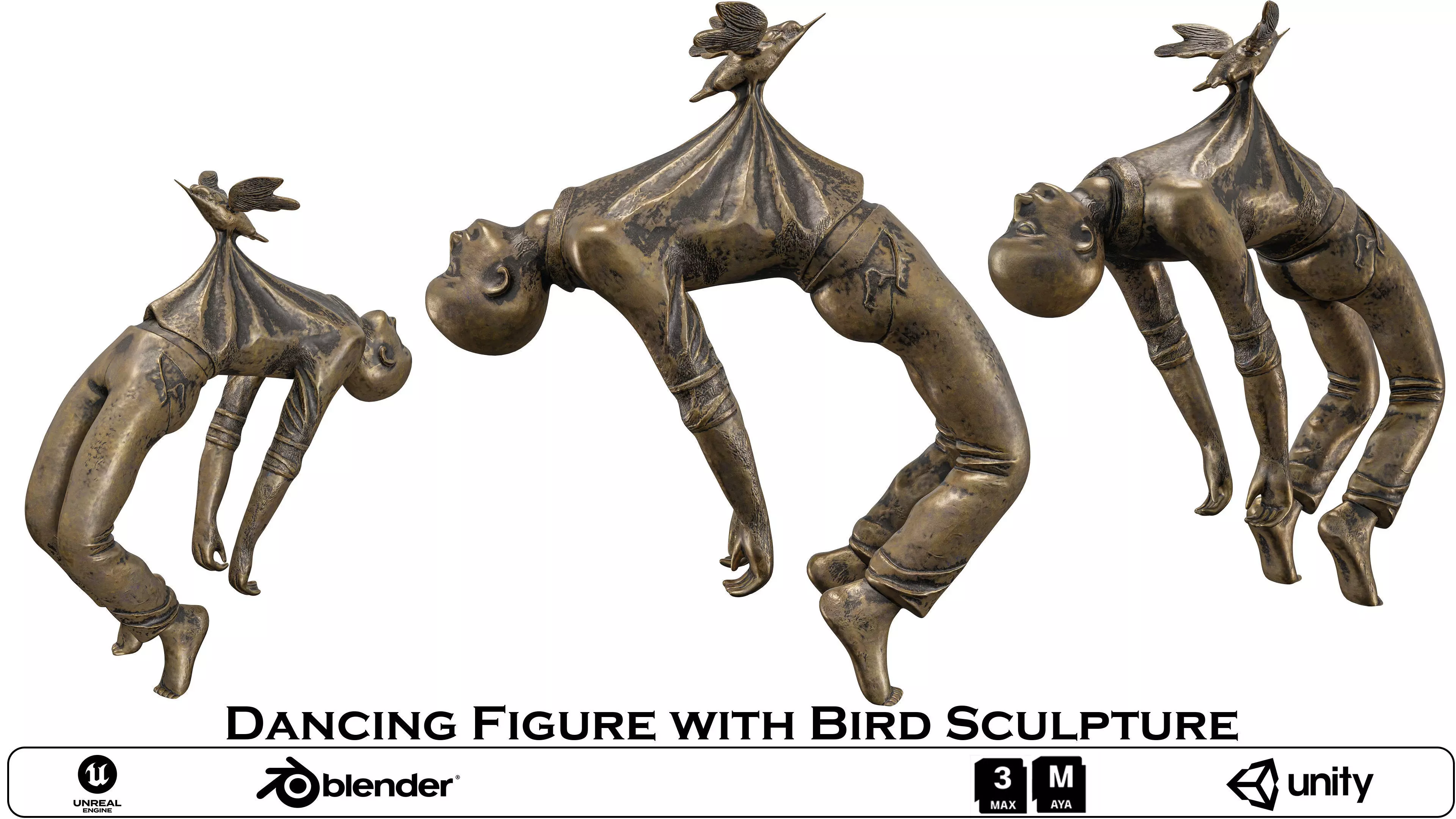Dynamic Dancing Figure with Bird Sculpture 3D model_0