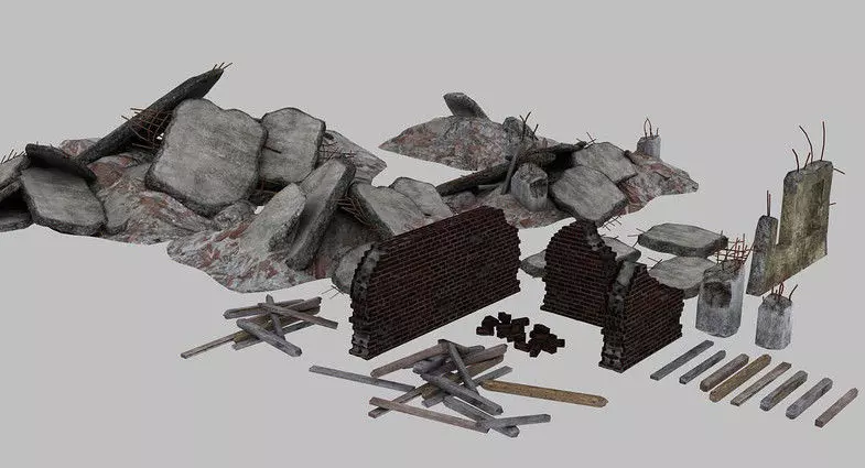 Rubble Brick and Concrete Elements Low-poly 3D model_0