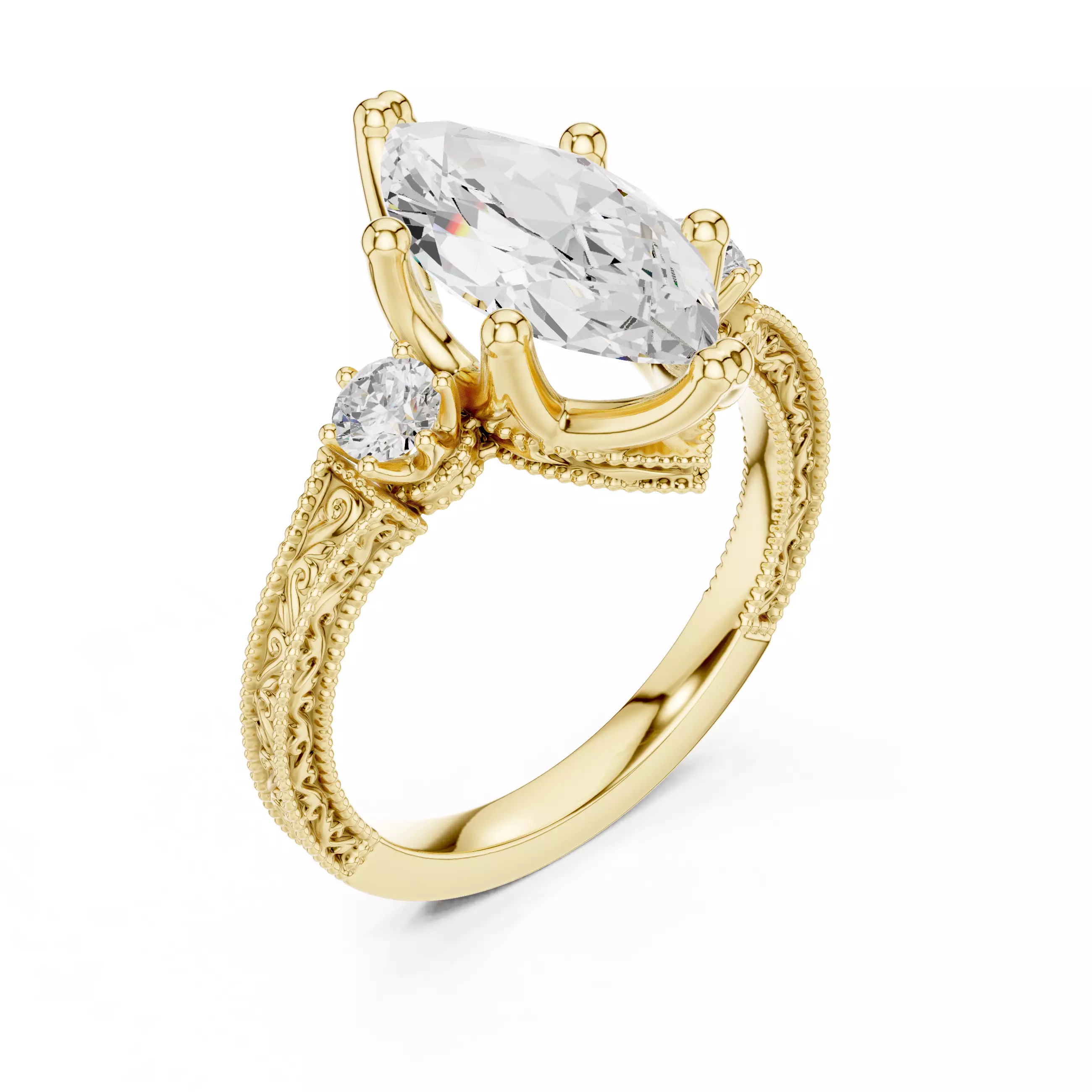 12x6mm Marquise Cut Three Stone Art Deco Ring 3DM STL Video 3D print model_7