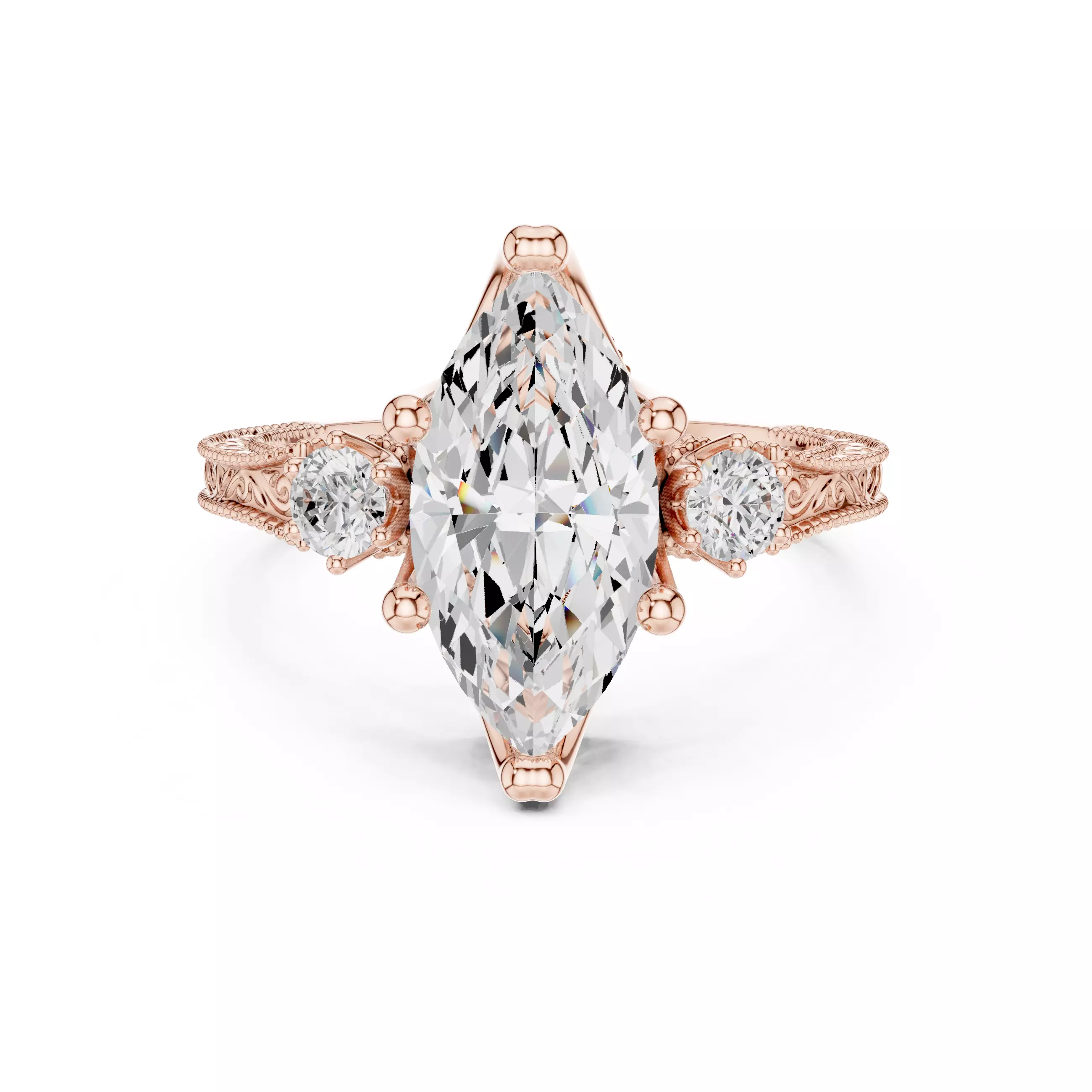 12x6mm Marquise Cut Three Stone Art Deco Ring 3DM STL Video 3D print model_0