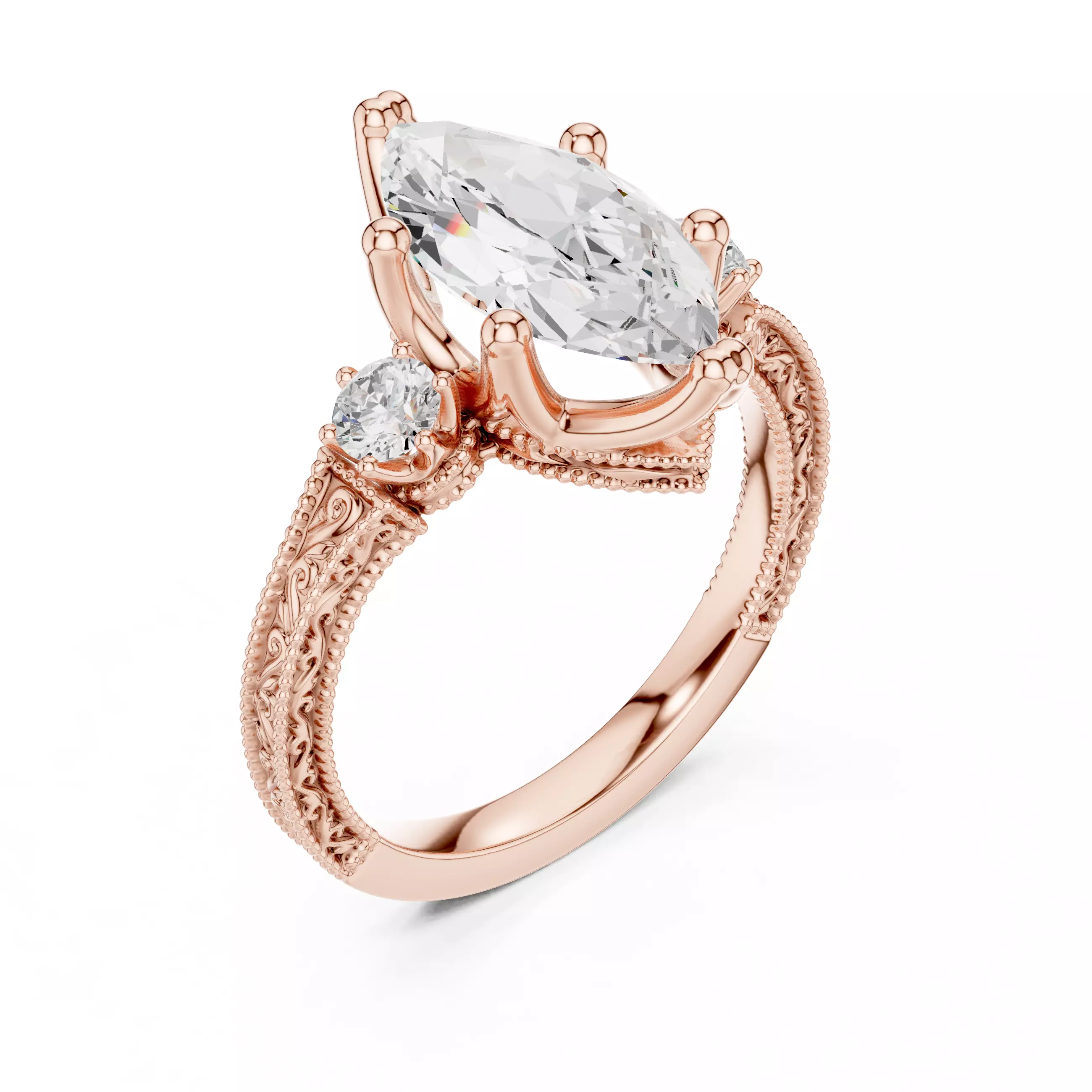 12x6mm Marquise Cut Three Stone Art Deco Ring 3DM STL Video 3D print model_4