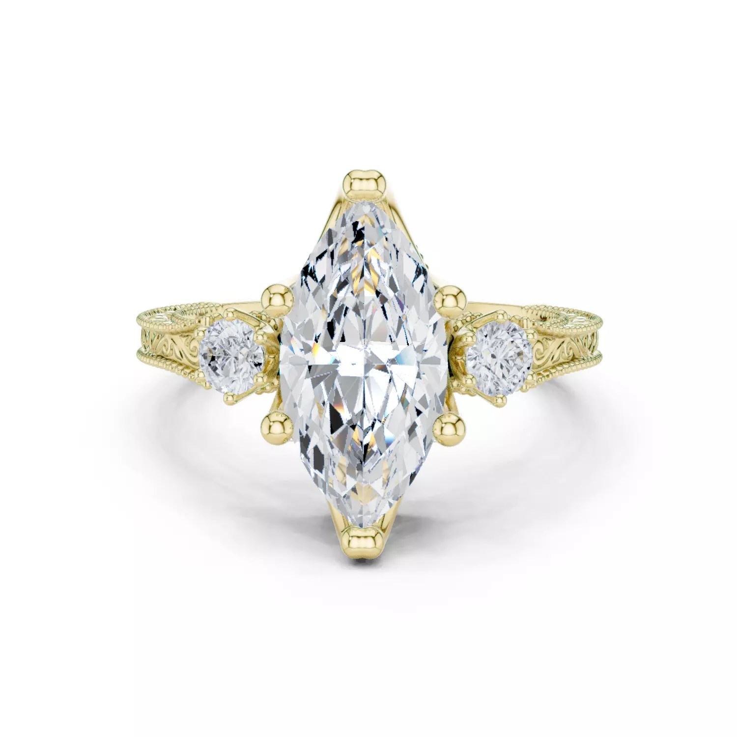 12x6mm Marquise Cut Three Stone Art Deco Ring 3DM STL Video 3D print model_13