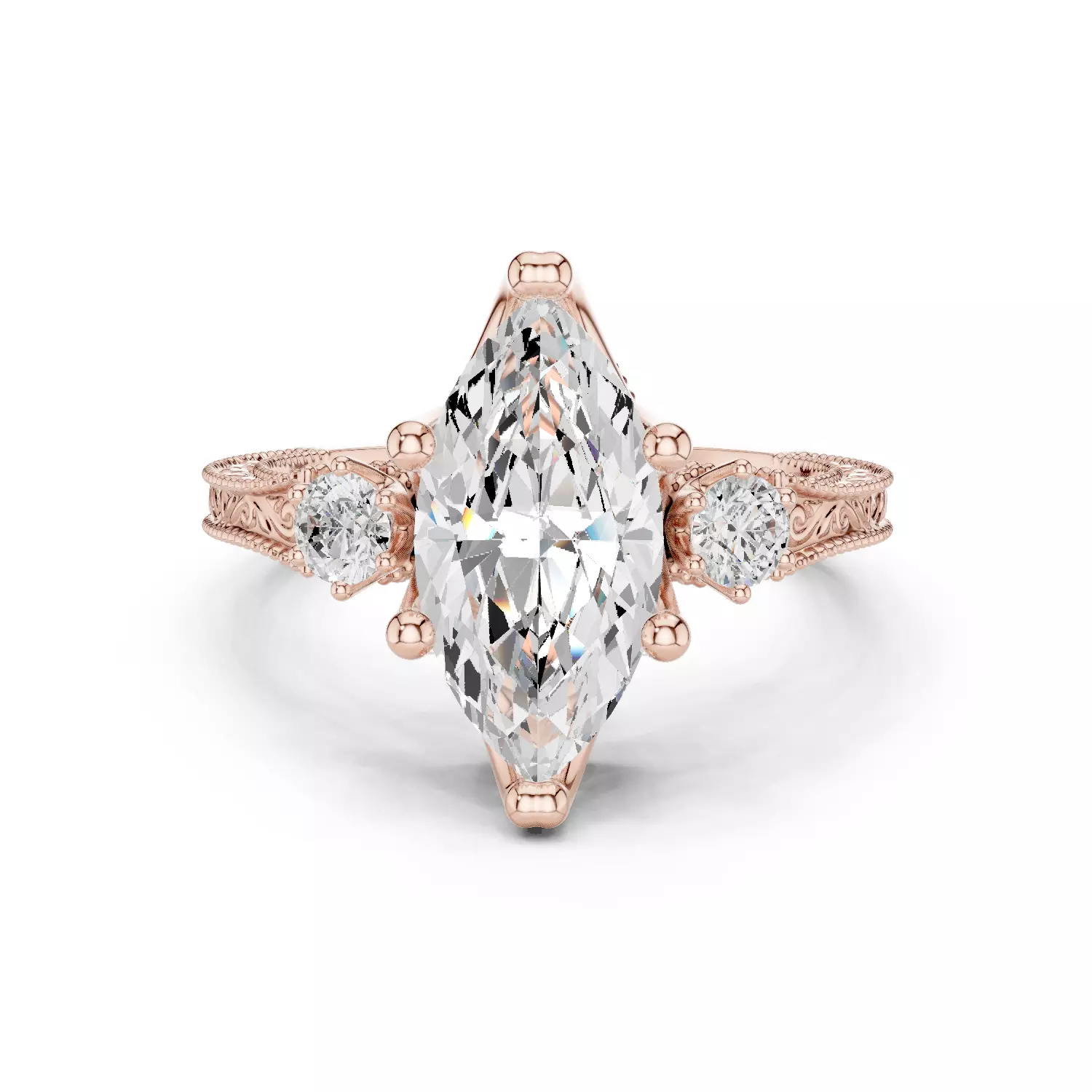 12x6mm Marquise Cut Three Stone Art Deco Ring 3DM STL Video 3D print model_12