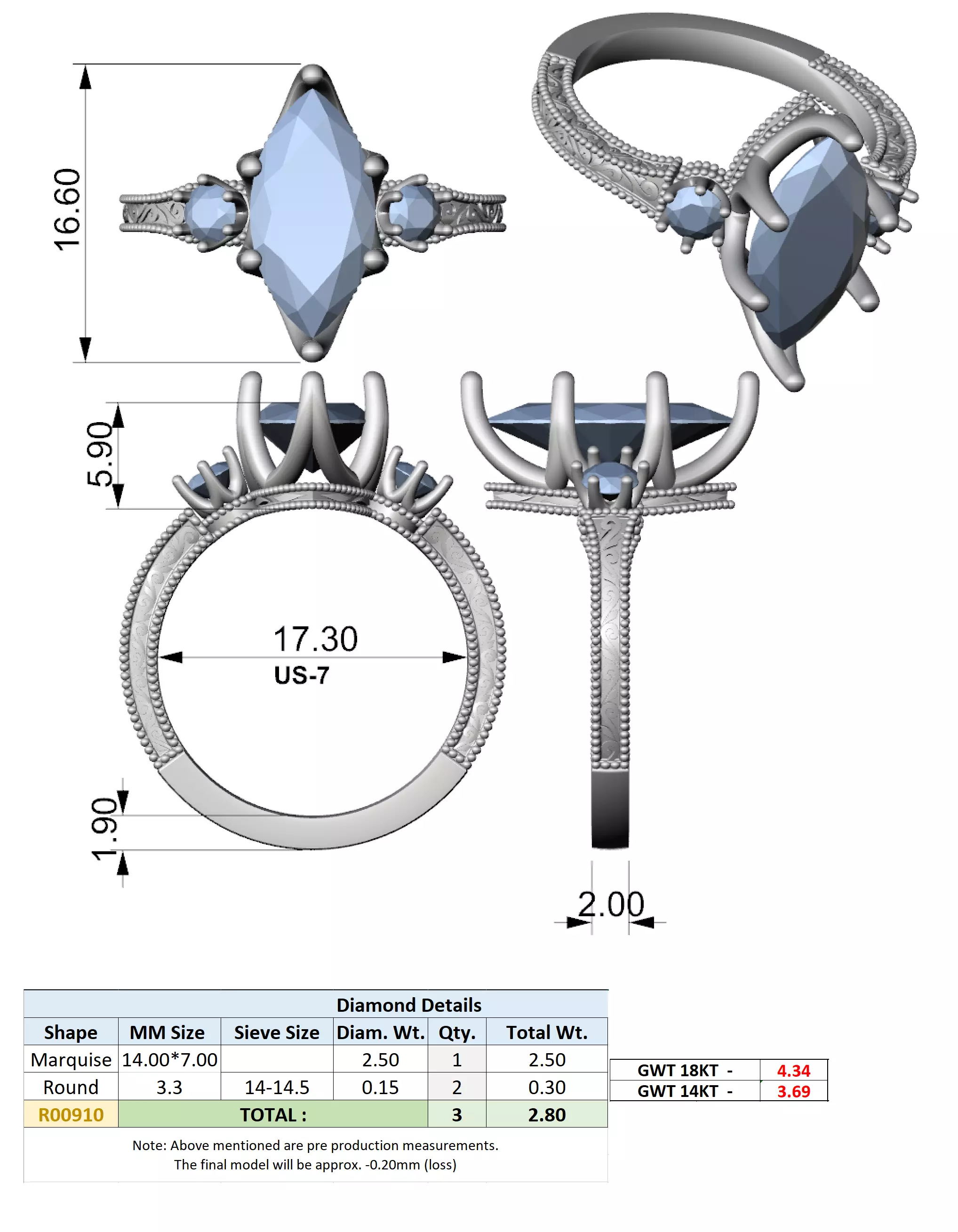12x6mm Marquise Cut Three Stone Art Deco Ring 3DM STL Video 3D print model_15