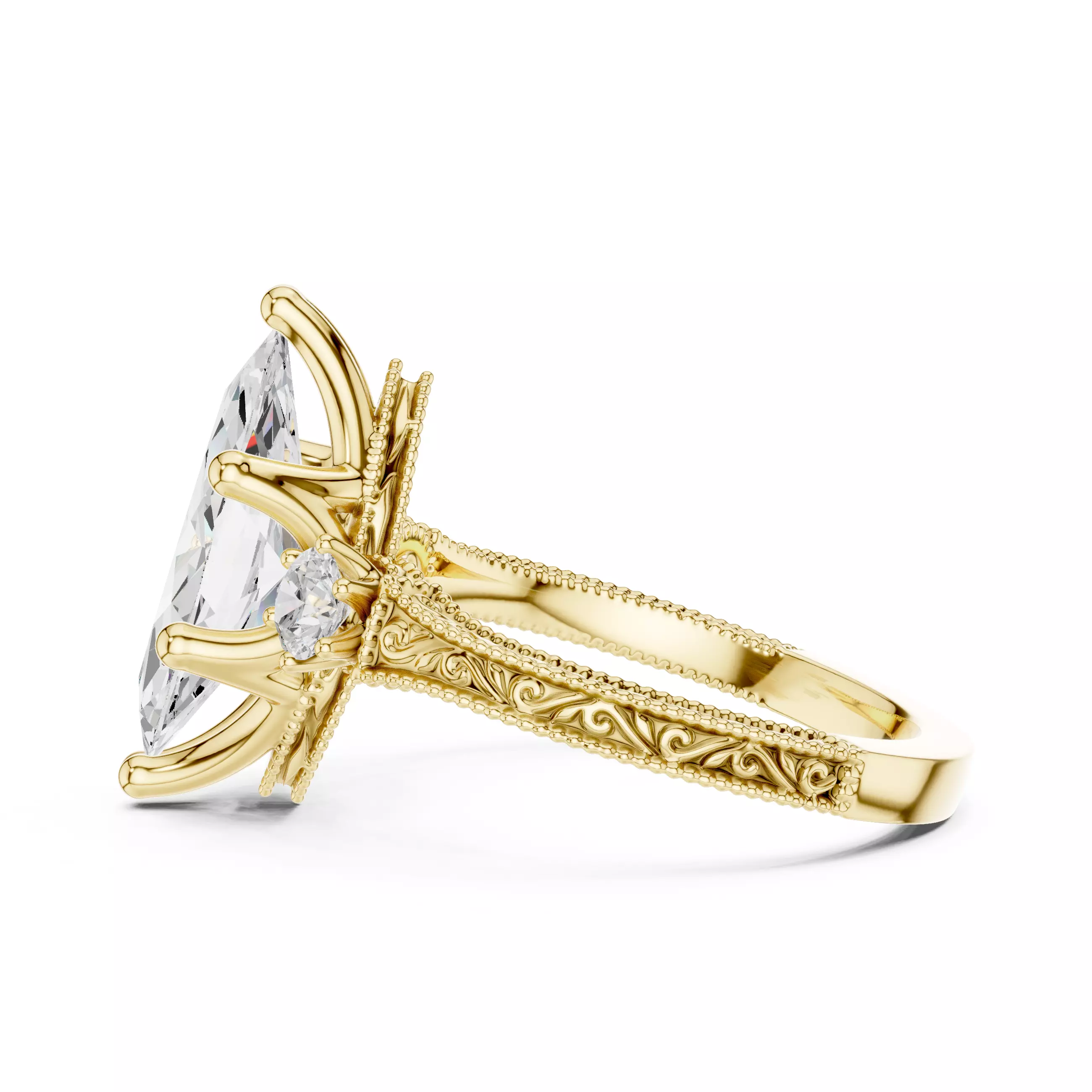 12x6mm Marquise Cut Three Stone Art Deco Ring 3DM STL Video 3D print model_8