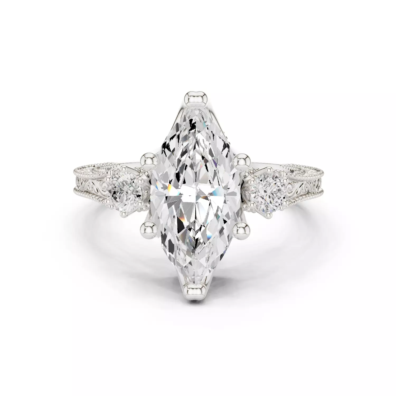 12x6mm Marquise Cut Three Stone Art Deco Ring 3DM STL Video 3D print model_14