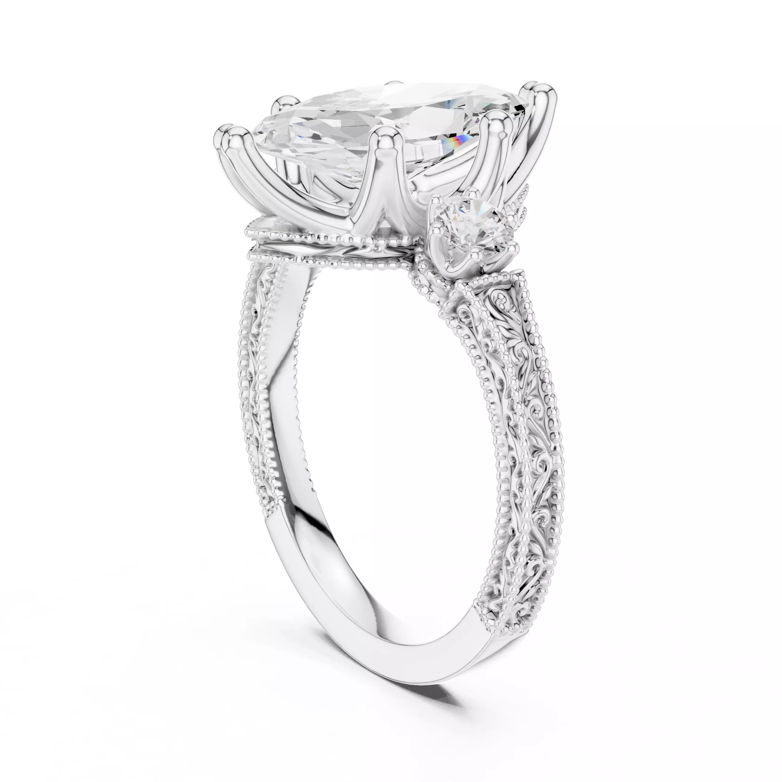 12x6mm Marquise Cut Three Stone Art Deco Ring 3DM STL Video 3D print model_9